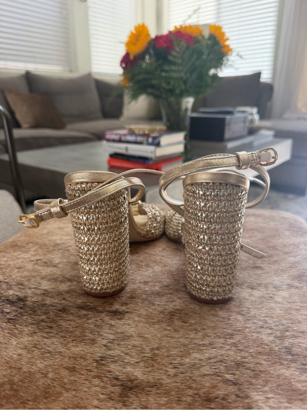 Steve Madden Metallic Gold Braided Block Heel Sandals with Knot and Orb Detail - Picture 8 of 9